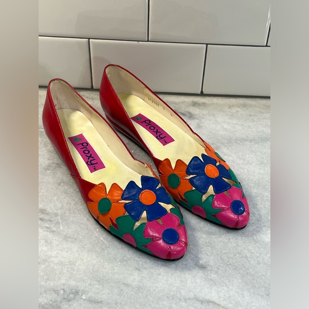 Vintage Proxy Bright Floral Flats 80s Pink Leather Shoes Size 7